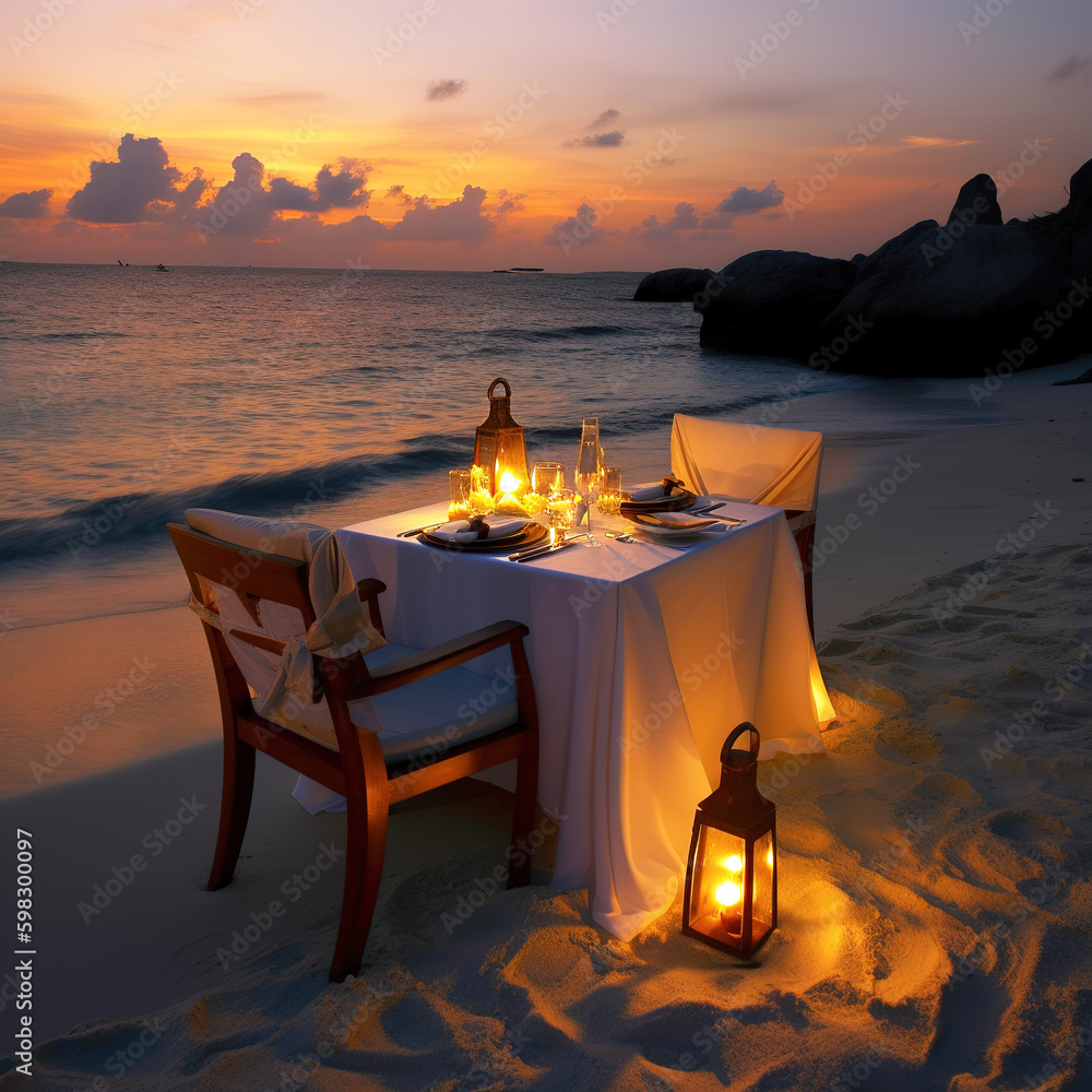 Romantic sunset on the shore of a tropical island. Cafe on the beach. Dinner table