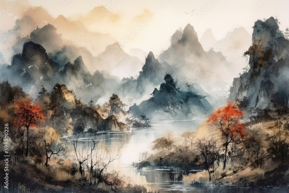 Chinese outdoor ink landscape painting