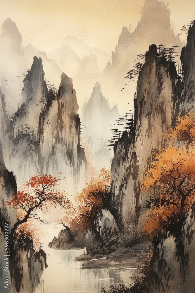 Chinese outdoor ink landscape painting