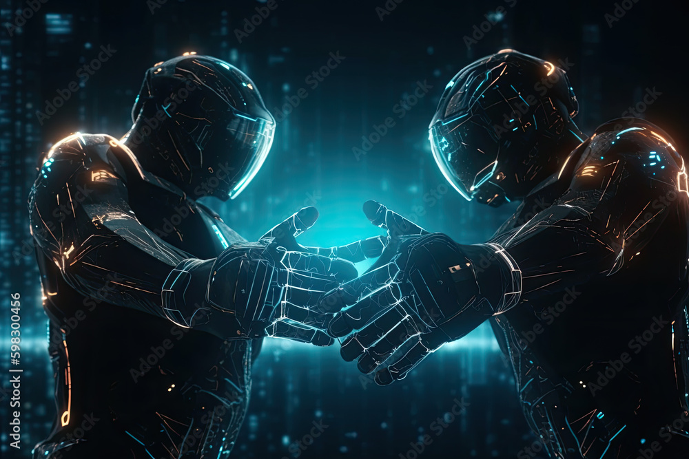 Futuristic black robots on a black background..