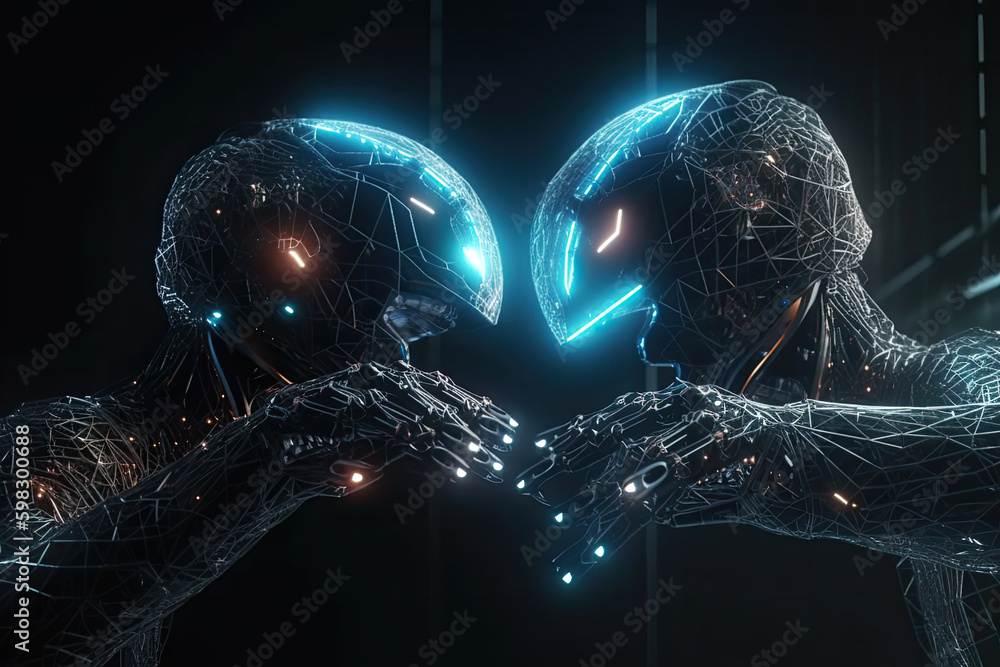 Futuristic black robots on a black background..