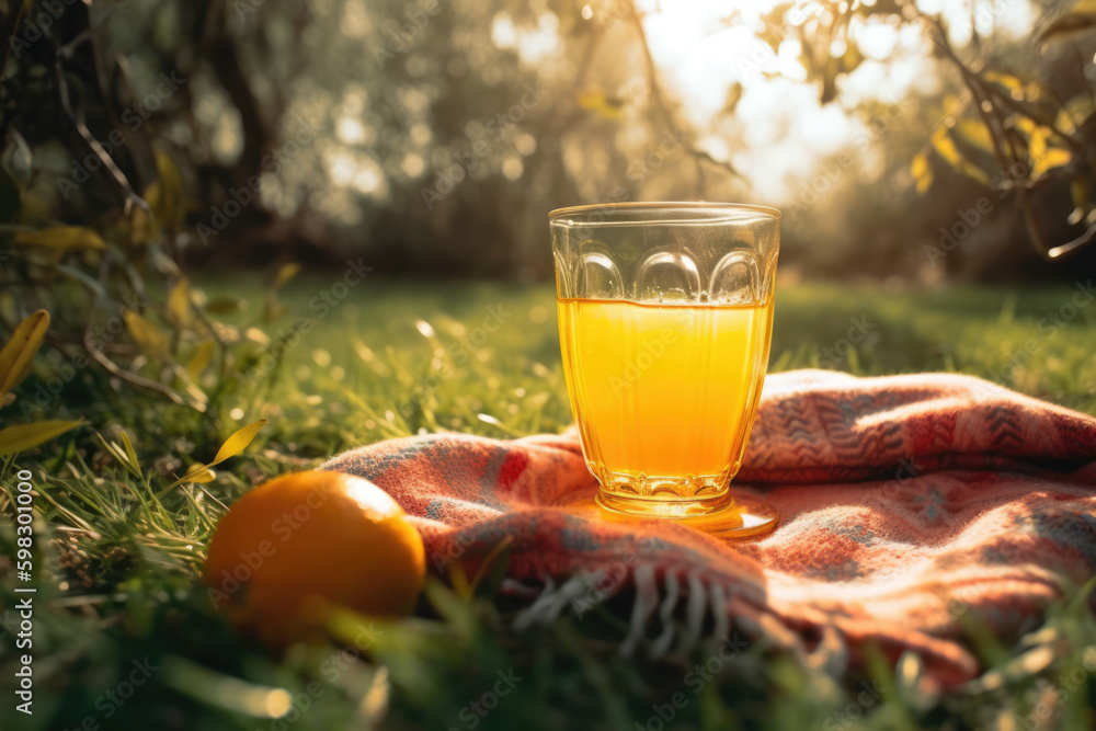 Fresh orange juice in glass. Green background of grass in the garden.