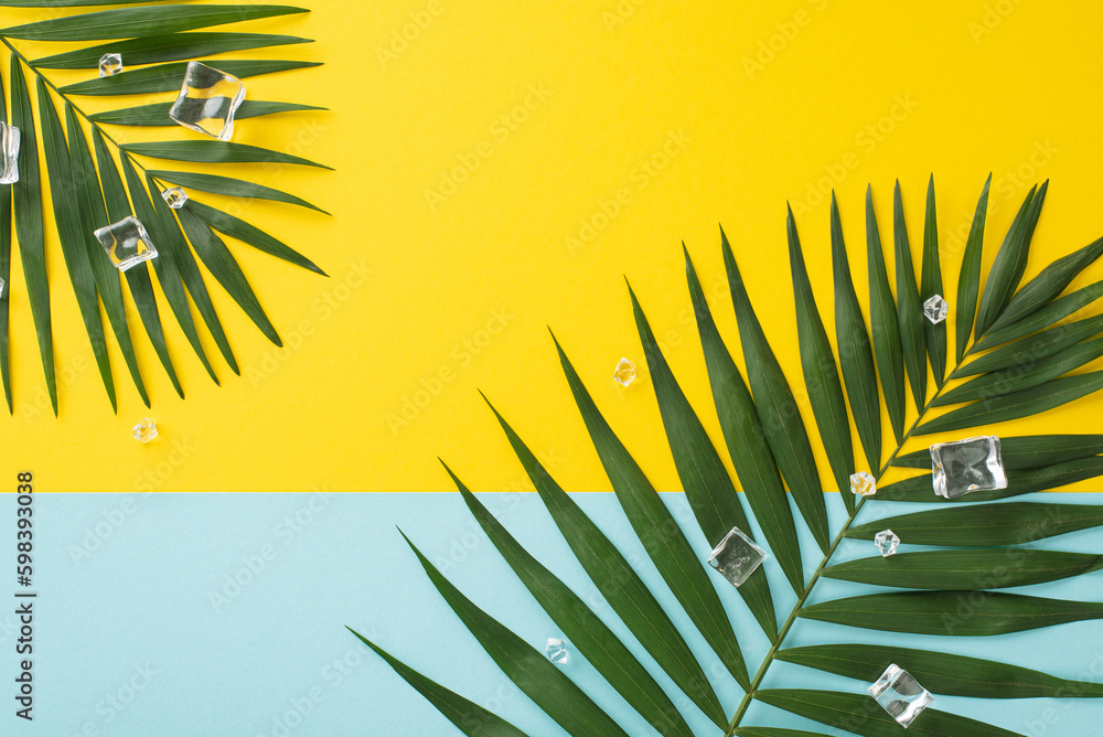 Get into the summer mood with this top view flat lay of green palm leaves and ice cubes on a blue an