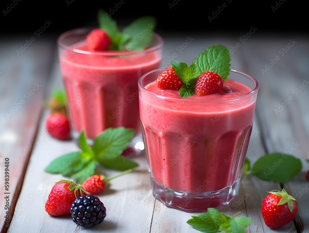 Strawberry milkshake in a glass on a wooden background