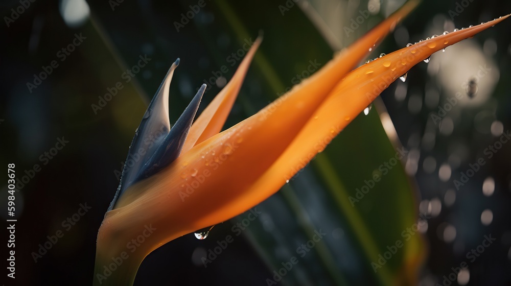 Closeup of Strelitzia reginae tropical plant leaves with rain drops. Green natural backdrop. Generat