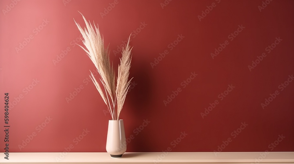 Vase with decorative plant branch against red wall background. Minimalist interior mockup. Generativ