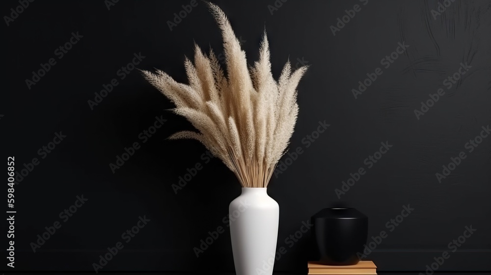 Vase with decorative plant branch against black wall background. Minimalist interior mockup. Generat