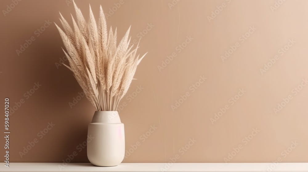 Vase with decorative dry plant branch against beige wall background. Minimalist interior mockup. Gen