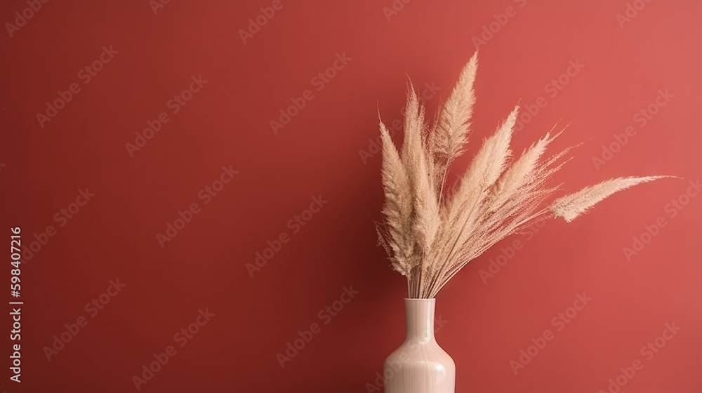 Vase with decorative plant branch against red wall background. Minimalist interior mockup. Generativ