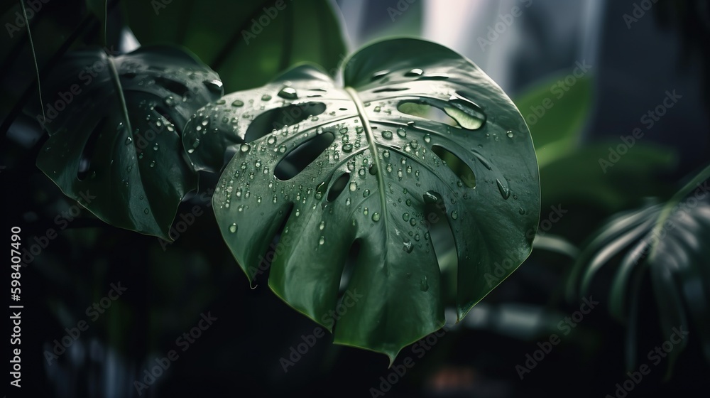 Closeup of Monstera tropical plant leaves with rain drops. Green natural backdrop. Generative AI