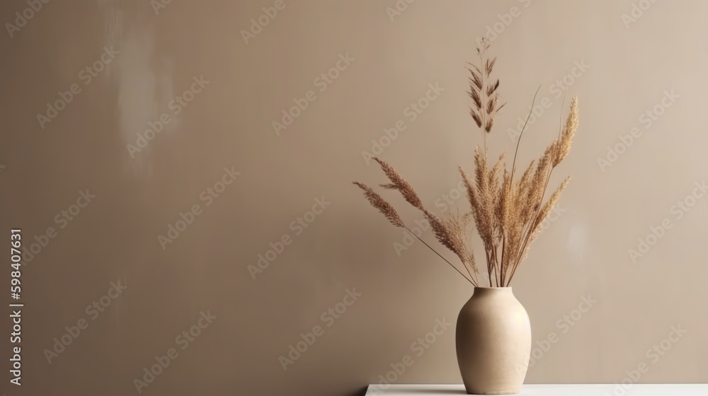 Vase with decorative dry plant branch against beige wall background. Minimalist interior mockup. Gen