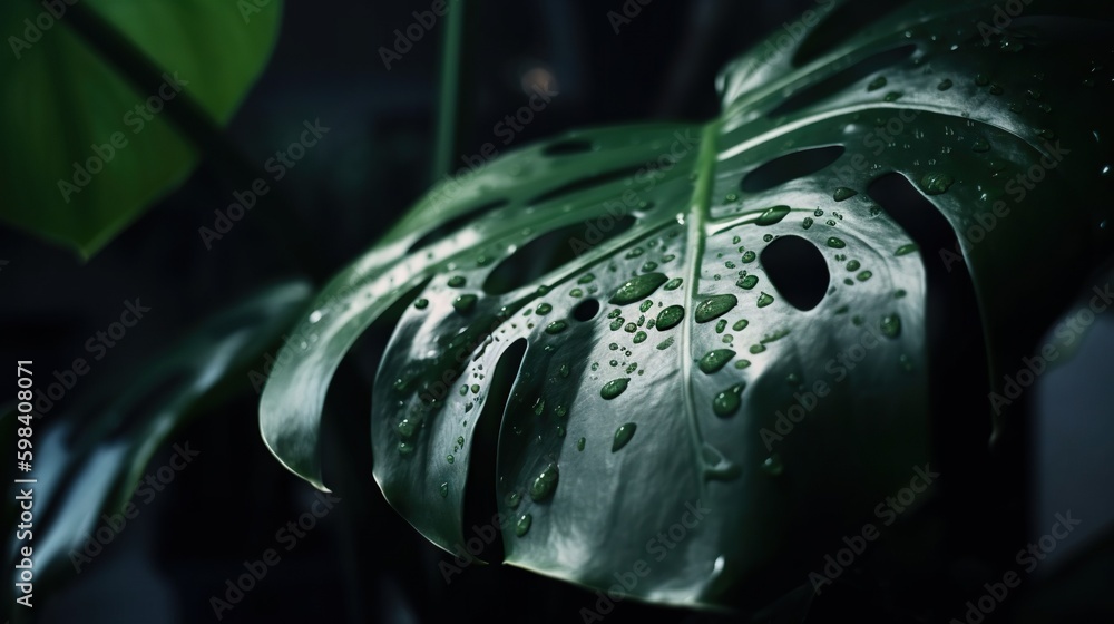 Closeup of Monstera tropical plant leaves with rain drops. Green natural backdrop. Generative AI