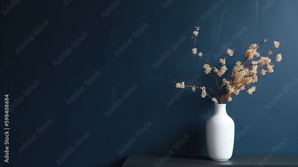 Vase with decorative plant branch against dark blue wall background. Minimalist interior mockup. Gen