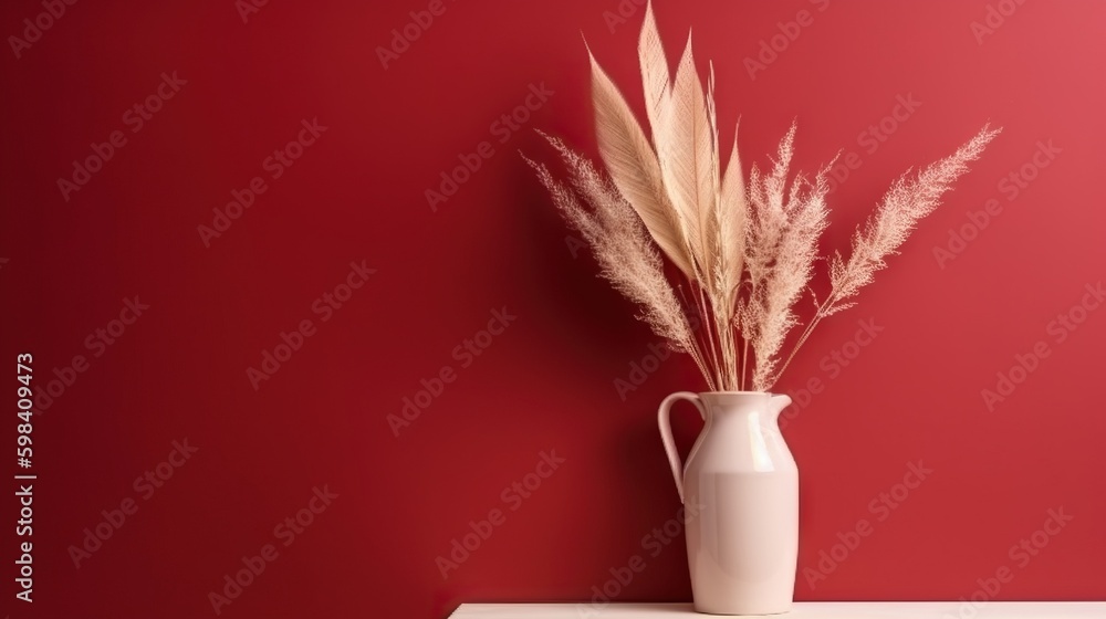 Vase with decorative plant branch against red wall background. Minimalist interior mockup. Generativ