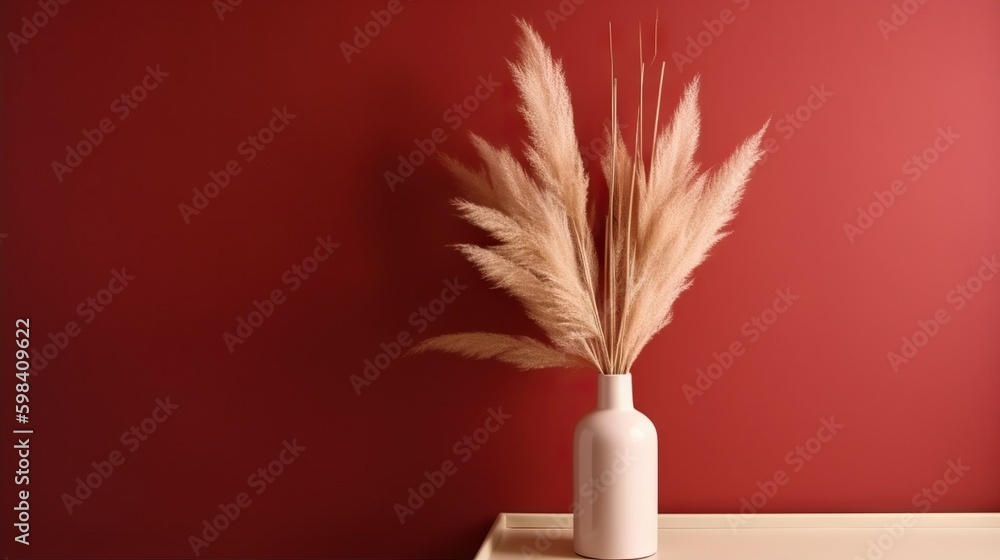 Vase with decorative plant branch against red wall background. Minimalist interior mockup. Generativ