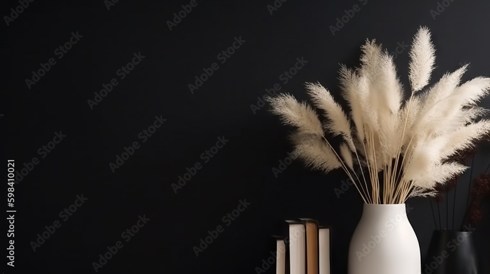 Vase with decorative plant branch against black wall background. Minimalist interior mockup. Generat