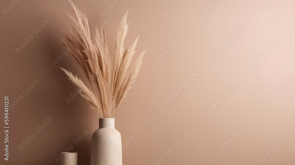 Vase with decorative dry plant branch against beige wall background. Minimalist interior mockup. Gen