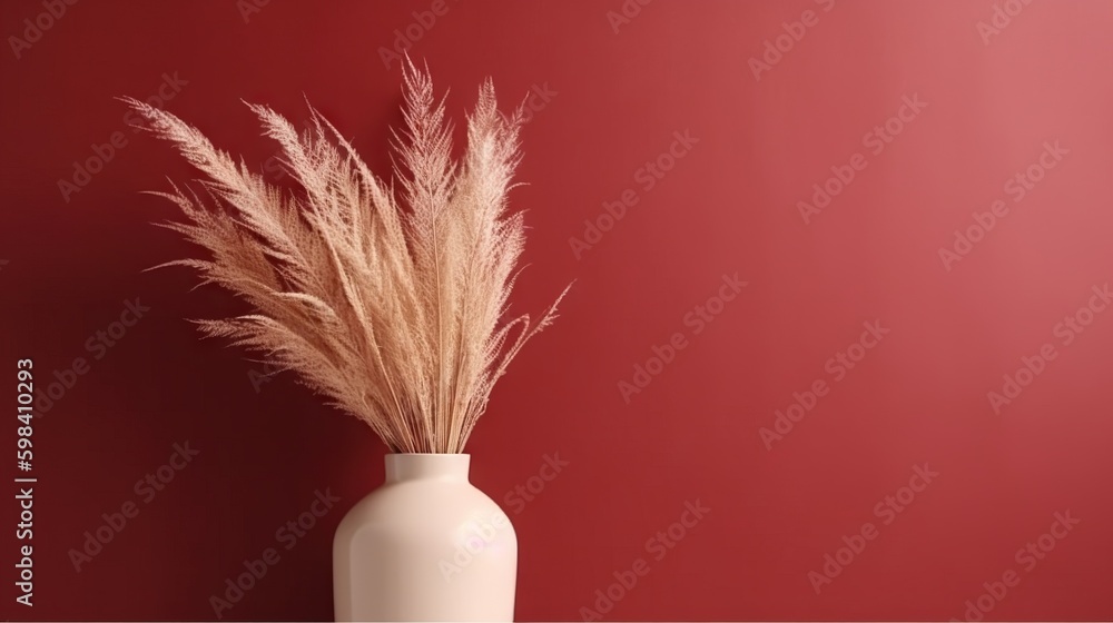 Vase with decorative plant branch against red wall background. Minimalist interior mockup. Generativ