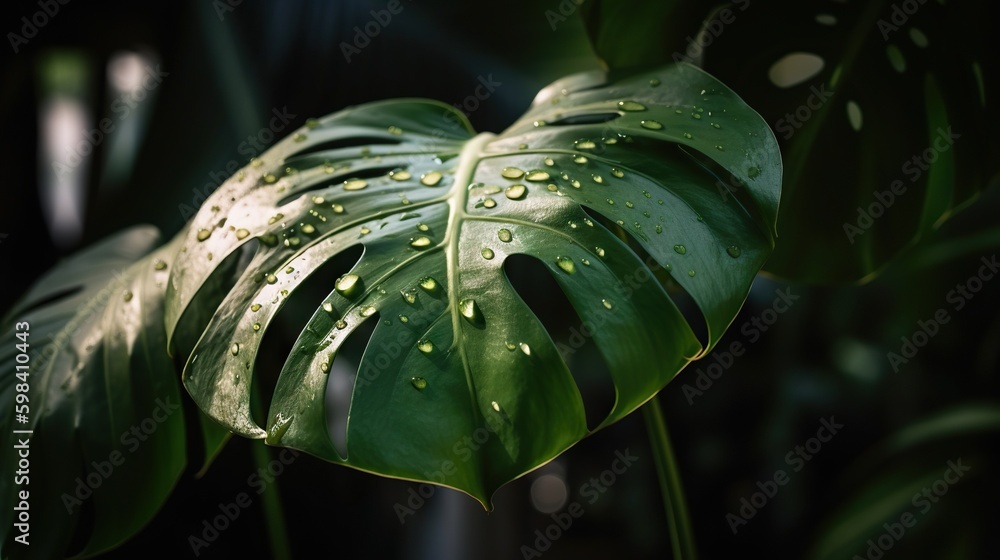 Closeup of Monstera tropical plant leaves with rain drops. Green natural backdrop. Generative AI