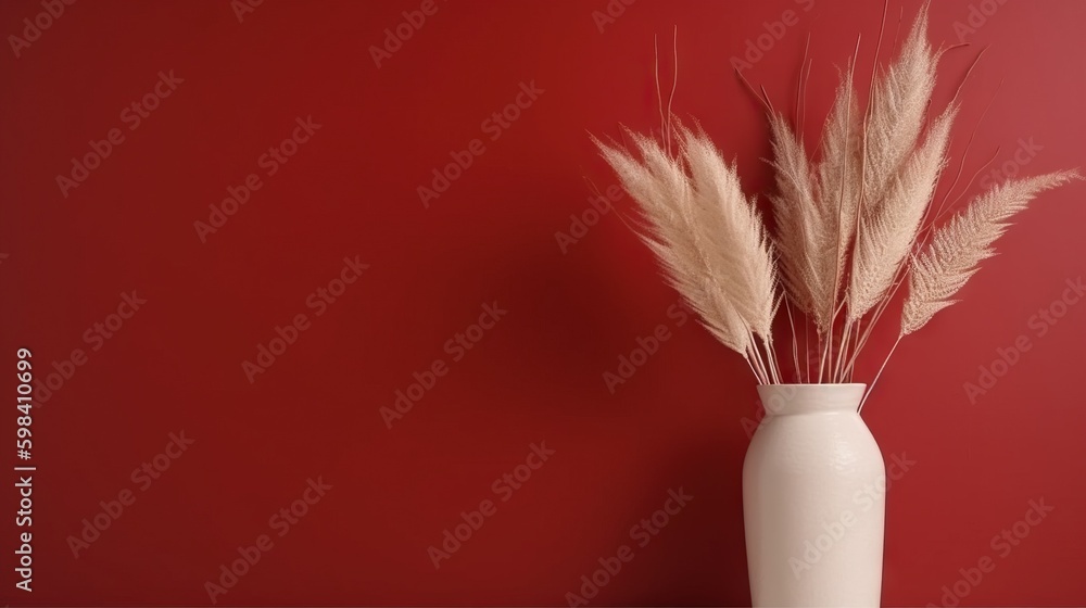 Vase with decorative plant branch against red wall background. Minimalist interior mockup. Generativ