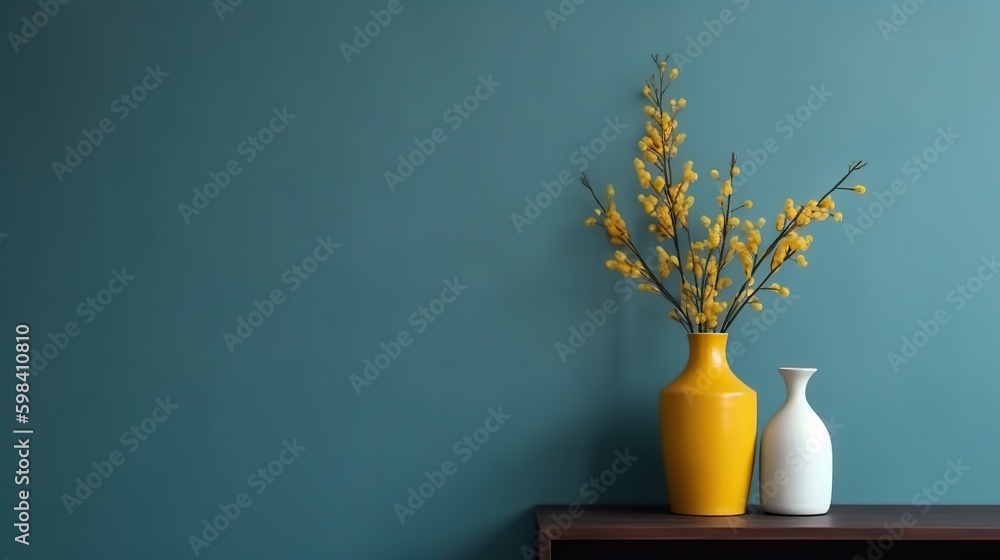 Vase with decorative plant branch against blue wall background. Minimalist interior mockup. Generati