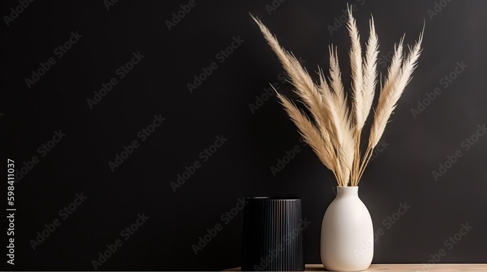 Vase with decorative plant branch against black wall background. Minimalist interior mockup. Generat