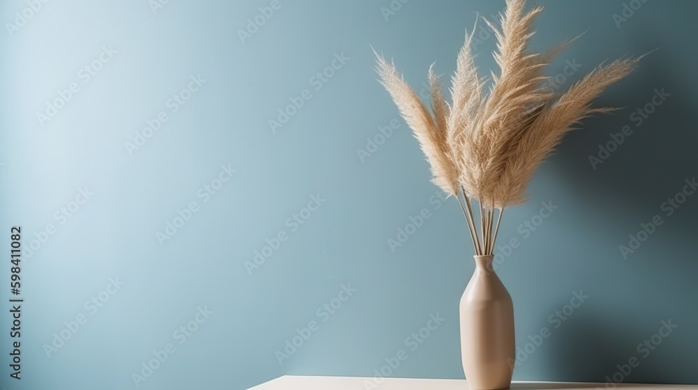 Vase with decorative plant branch against blue wall background. Minimalist interior mockup. Generati