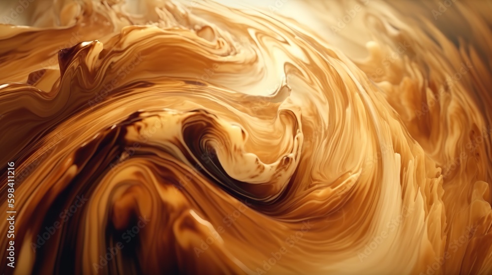 Closeup of caramel vortex. Swirl of sweet golden cream. Generative AI