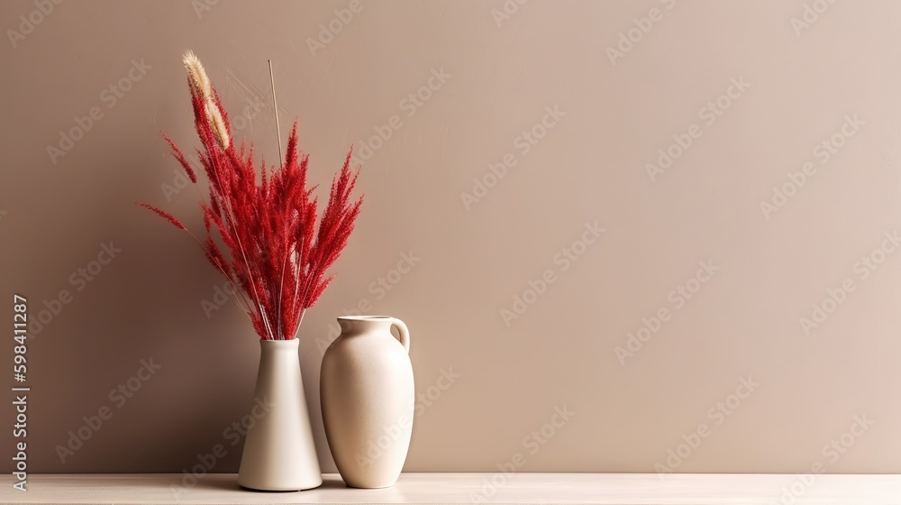 Vase with decorative dry plant branch against beige wall background. Minimalist interior mockup. Gen