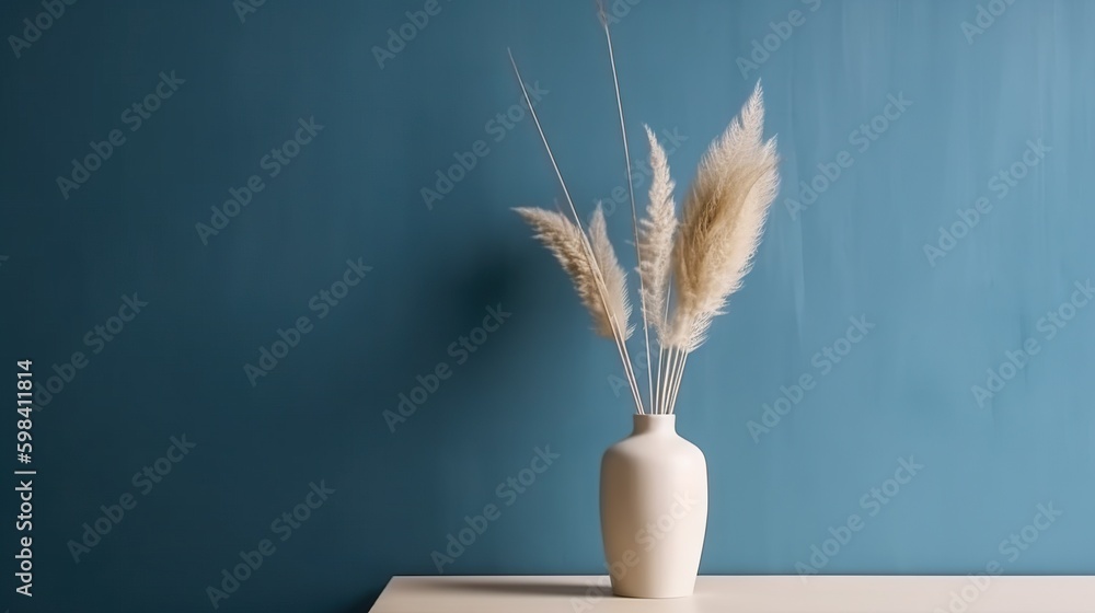 Vase with decorative plant branch against blue wall background. Minimalist interior mockup. Generati