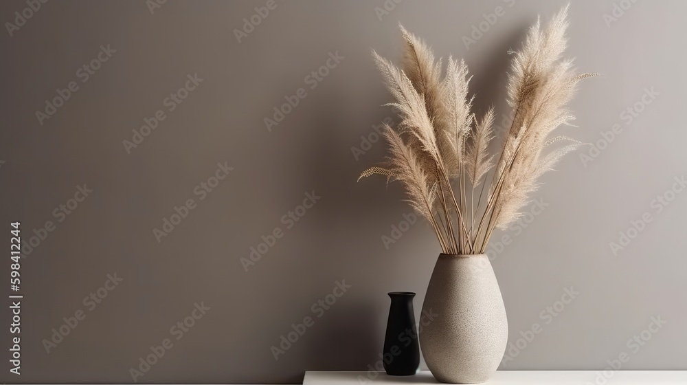 Vase with decorative plant branch against gray wall background. Minimalist interior mockup. Generati