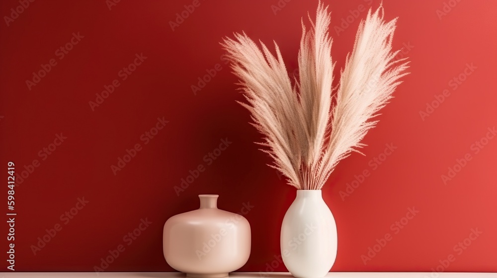 Vase with decorative plant branch against red wall background. Minimalist interior mockup. Generativ