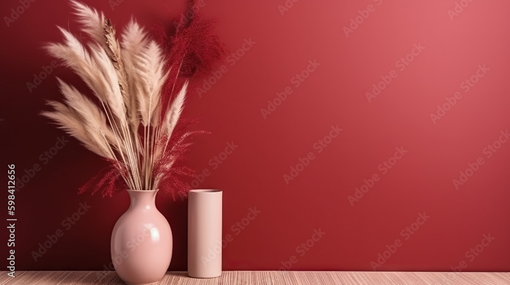 Vase with decorative plant branch against red wall background. Minimalist interior mockup. Generativ