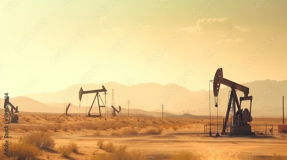 Working oil pumps in desert place. Natural resources industry. Oil rig in dunes. Generative AI