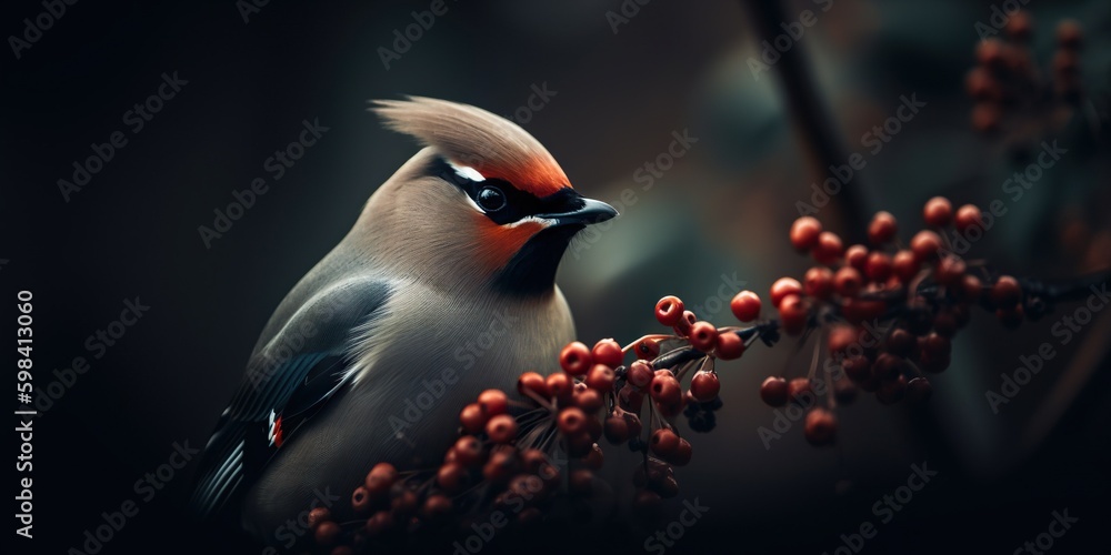 A Bohemian Waxwing bird stands on a tree branch. Generative AI