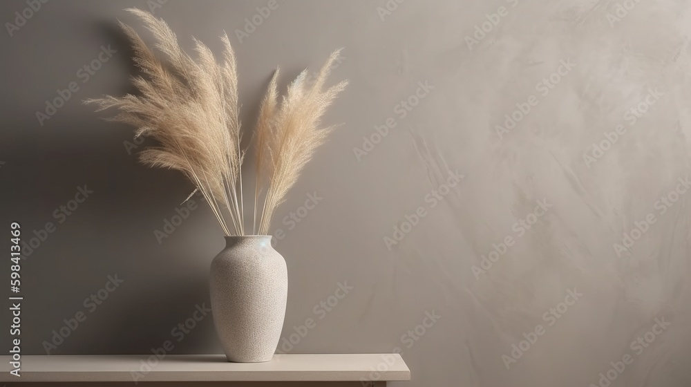 Vase with decorative plant branch against gray wall background. Minimalist interior mockup. Generati