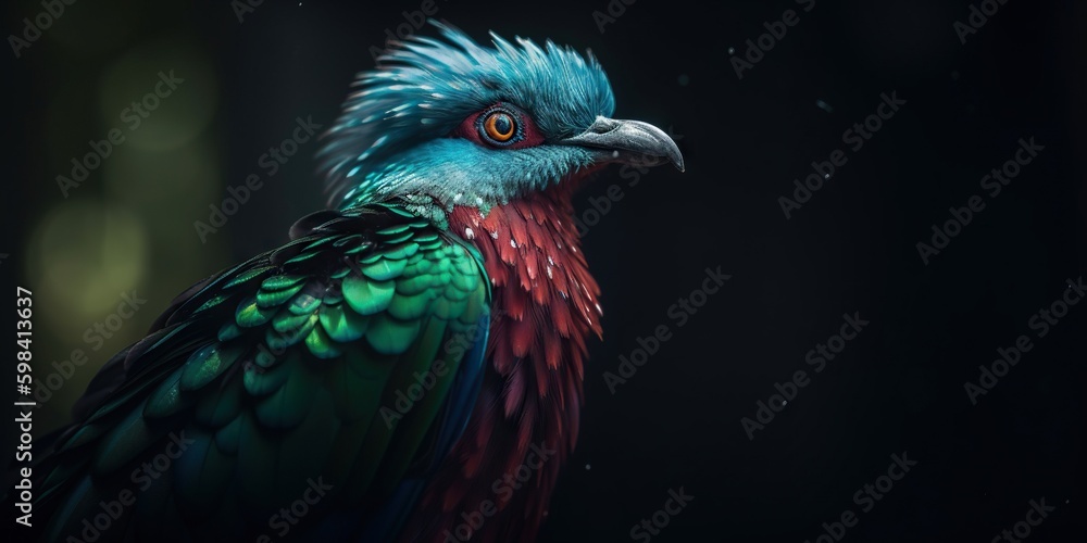 Female Quetzal bird with forest background. Generative AI