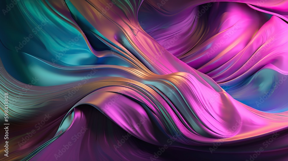 Wavy holographic foil. Neon gradient crumpled surface. Dreamy Y2K background. Generative AI