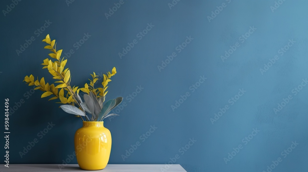 Vase with decorative plant branch against blue wall background. Minimalist interior mockup. Generati