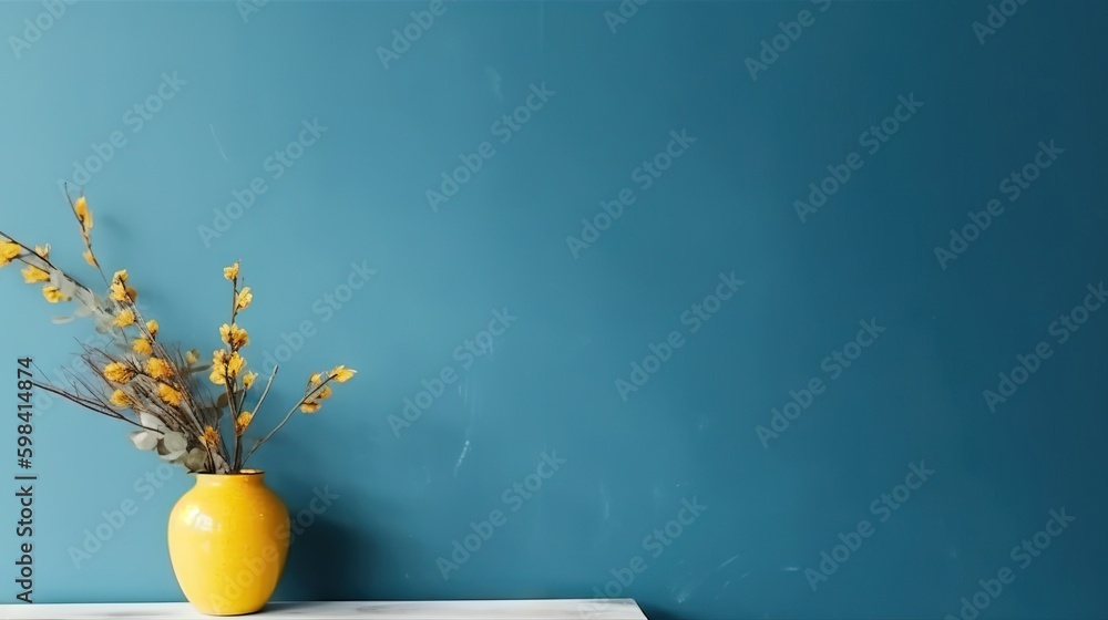 Vase with decorative plant branch against blue wall background. Minimalist interior mockup. Generati