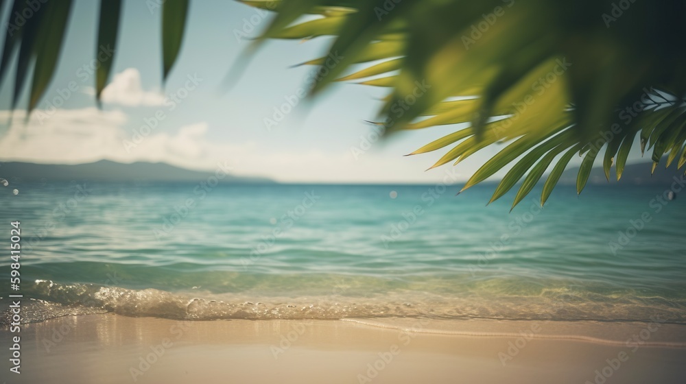 Tropical summer seascape with palm leaves, beach and paradise ocean. Vacation and travel backdrop. G