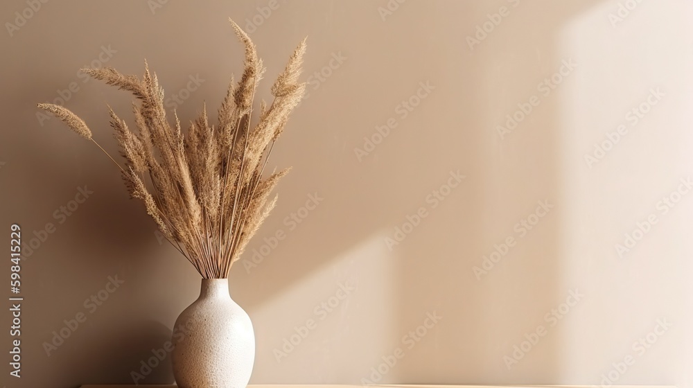 Vase with decorative dry plant branch against beige wall background. Minimalist interior mockup. Gen