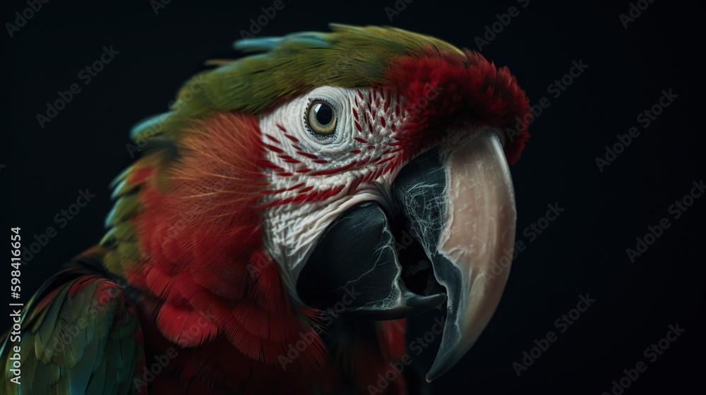 Profile portrait of green-winged macaw parrot. Generative AI