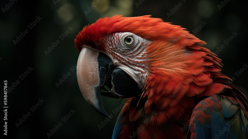 Scarlet macaw parrot on forest background. Generative AI