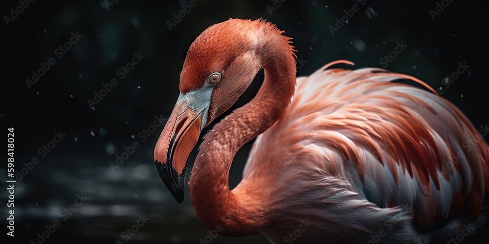 Pink flamingo close up standing with forest background. Generative AI