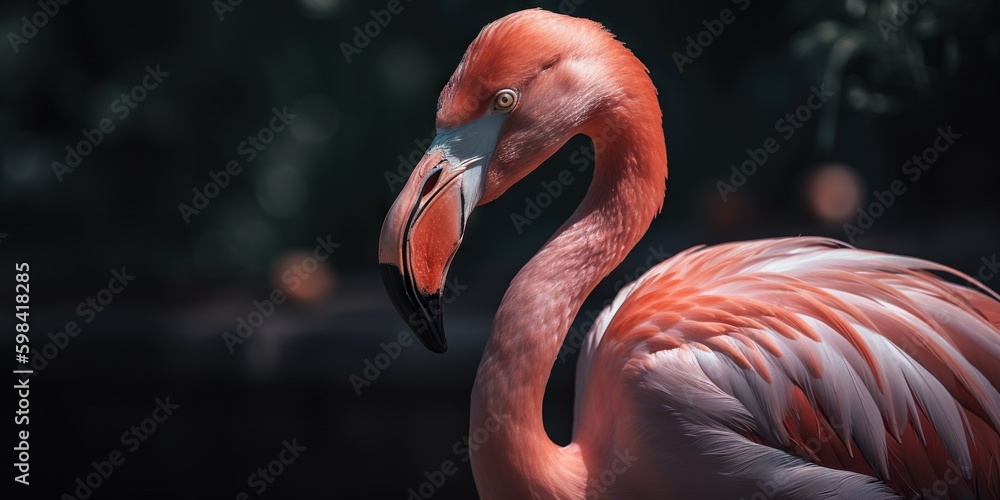 Pink flamingo close up standing with forest background. Generative AI