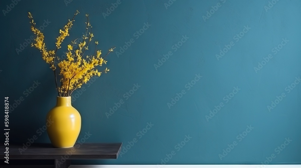 Vase with decorative plant branch against blue wall background. Minimalist interior mockup. Generati