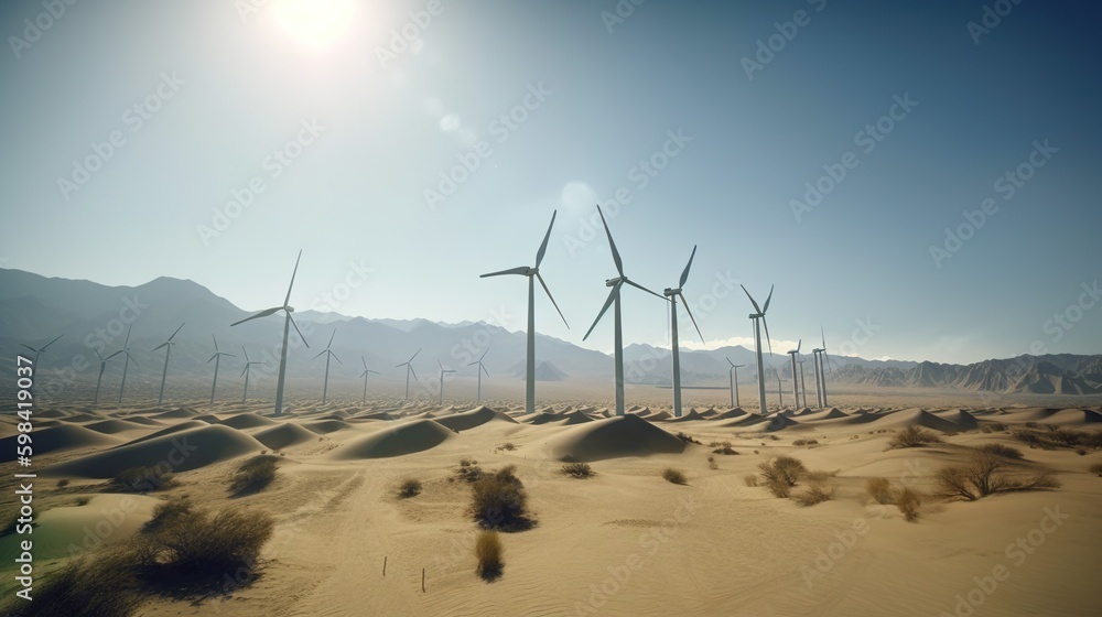 Wind turbines in the desert. Renewable energy concept with sand dunes. Generative AI