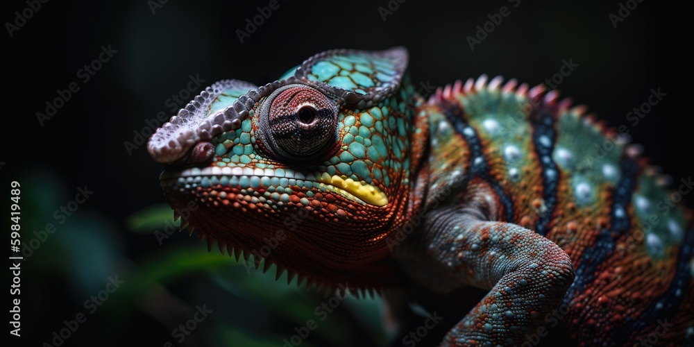 Colorful chameleon isolated on leaves background. Lizard on the green leaves. Generative AI