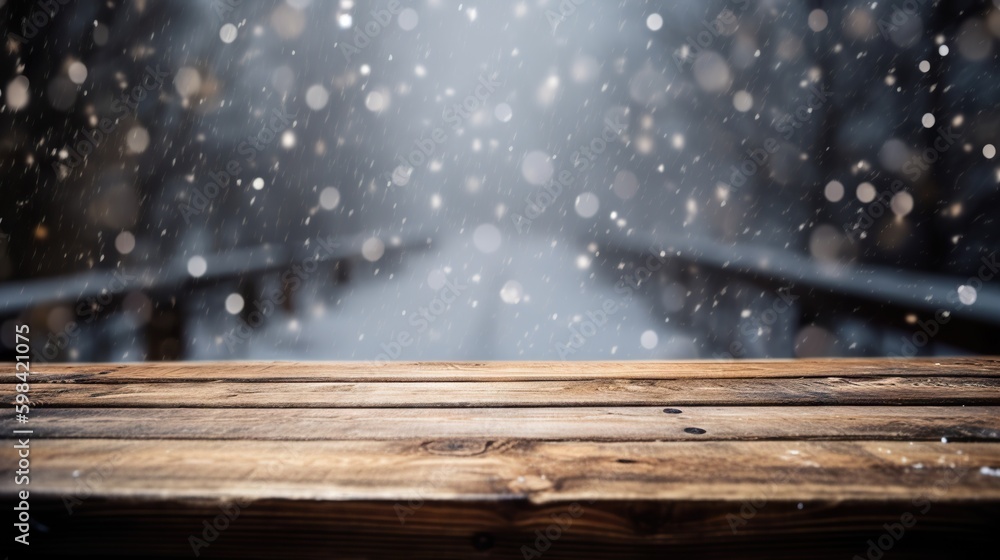 Wood table mockup with falling snow on background. Empty copy space for product presentation. Genera